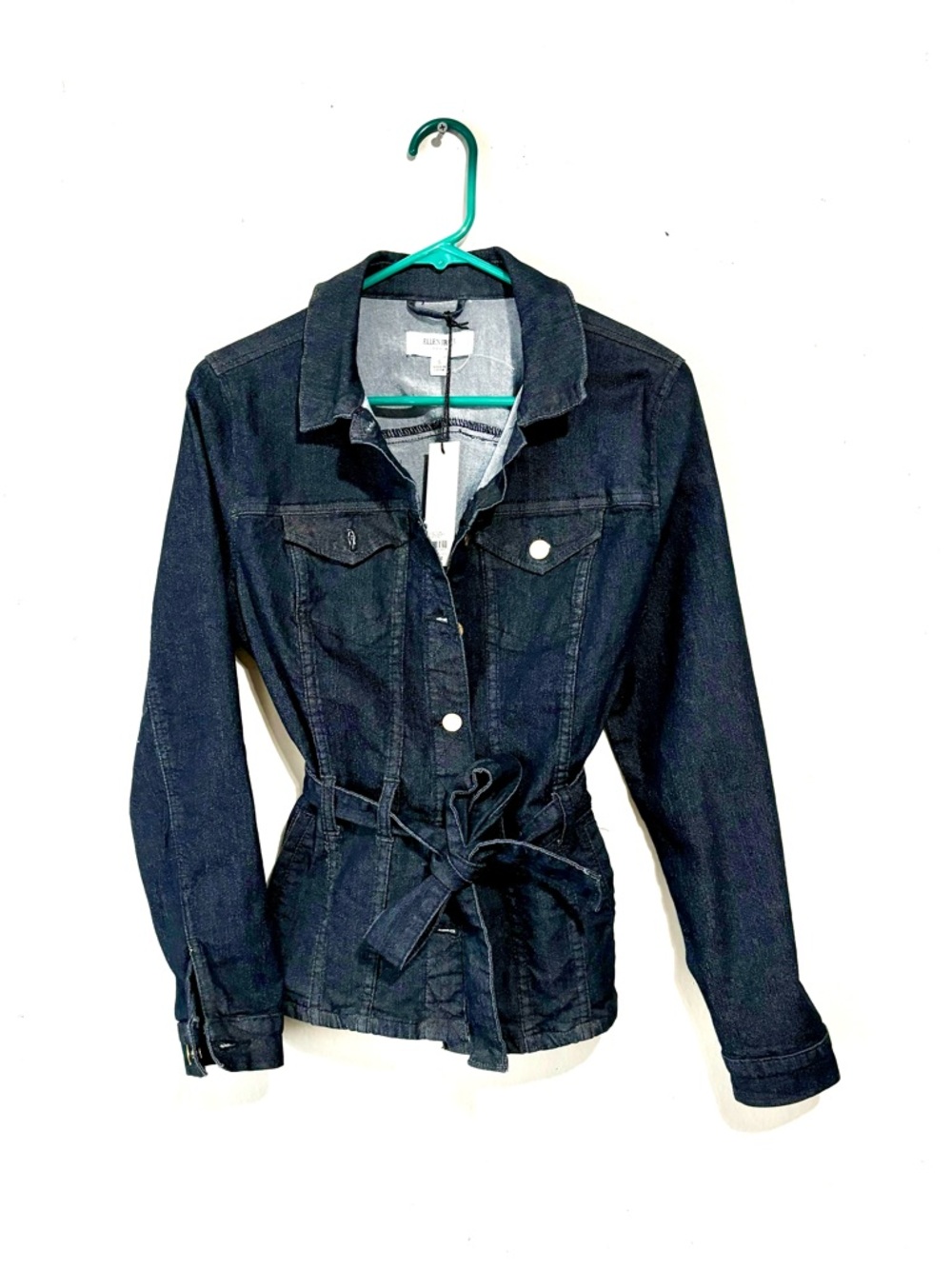 NWT Ellen Tracy Denim Tie-Waist Jean Jacket dark wash pockets small